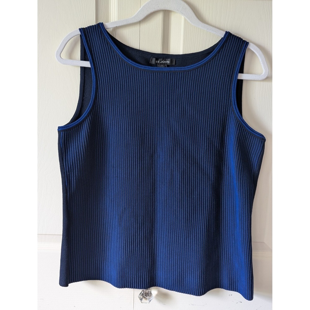 St John Ribbed Knit Tank Top Sz L Black Blue Striped Sleeveless Boxy Shell